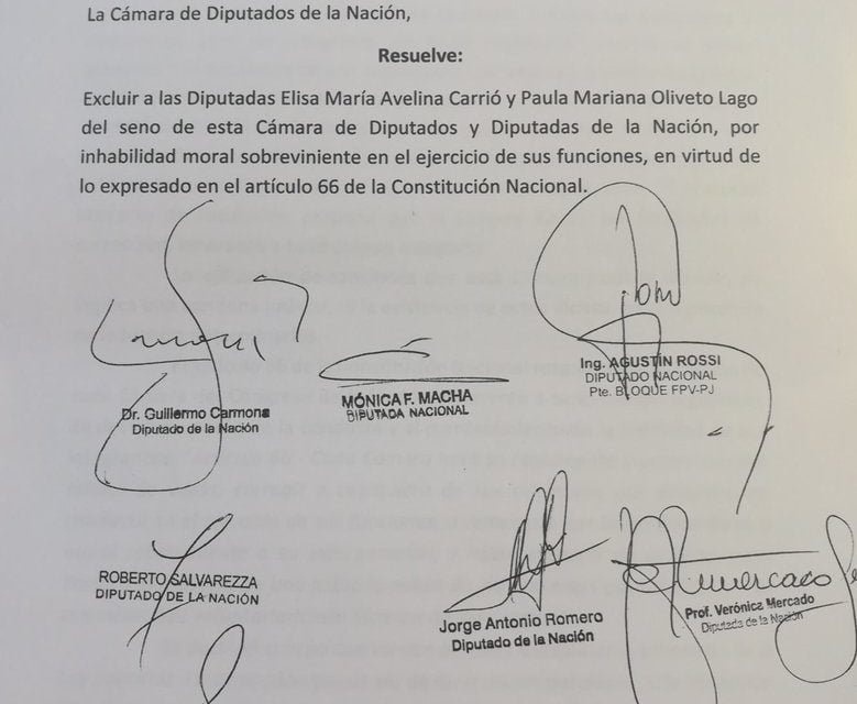 Piden la expulsión de Carrio y Oliveto