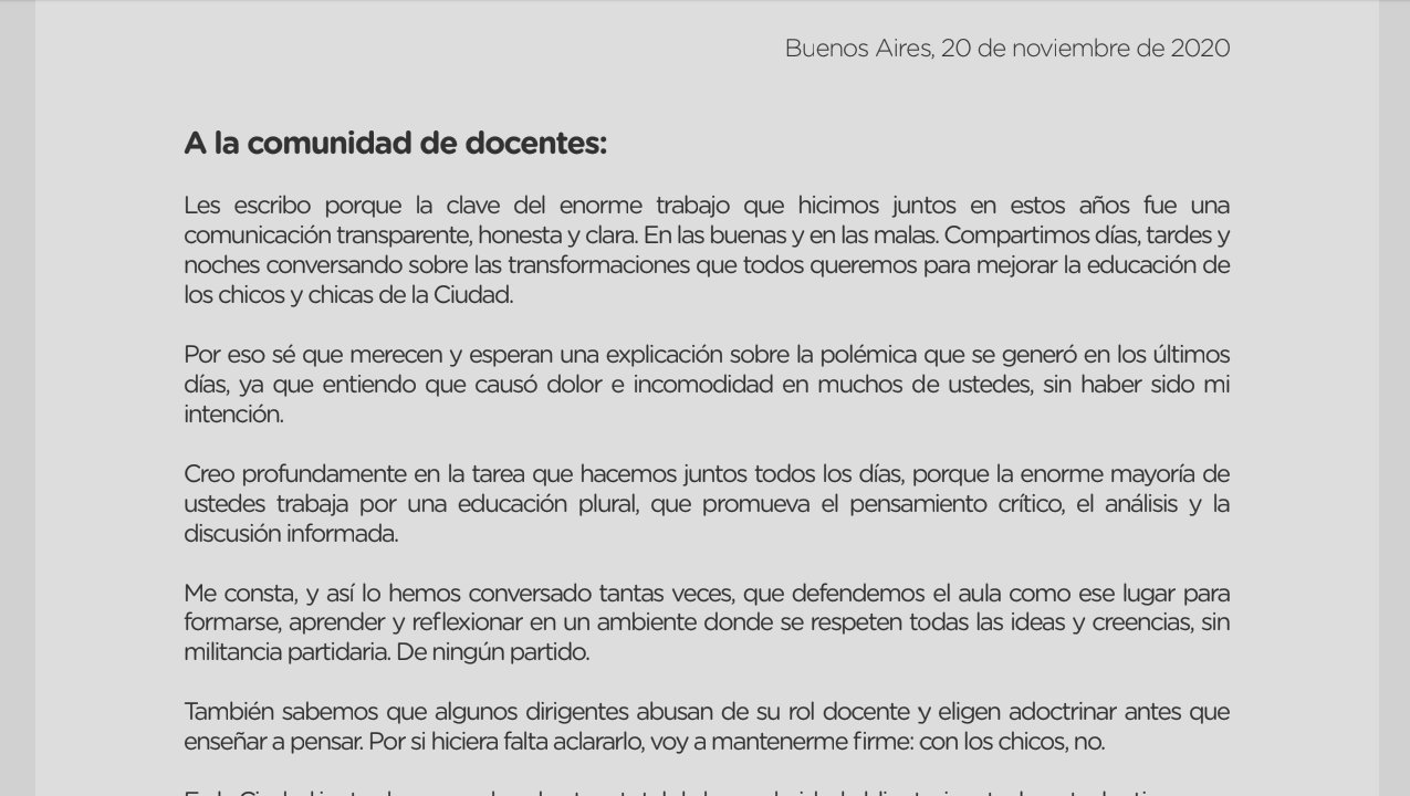 Una carta de Acuña a los docentes ratificando sus dichos
