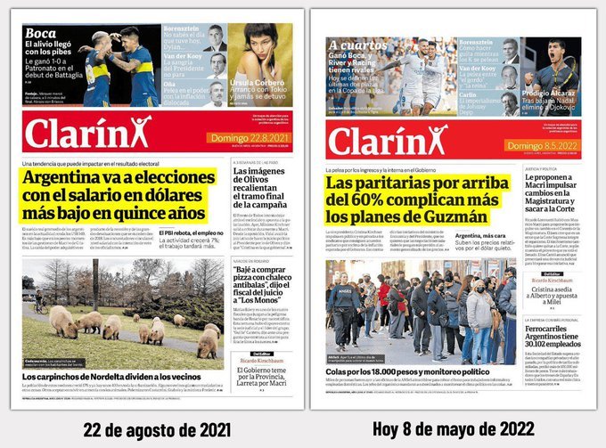 Cristina mostró tapas antagónicas de Clarín criticando al gobierno