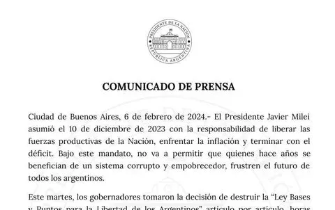 Un comunicado de la presidencia que le apunta a los gobernadores