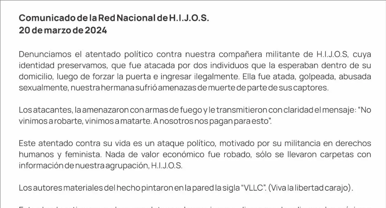 Grave denuncia de la agrupación H.I.J.O.S.